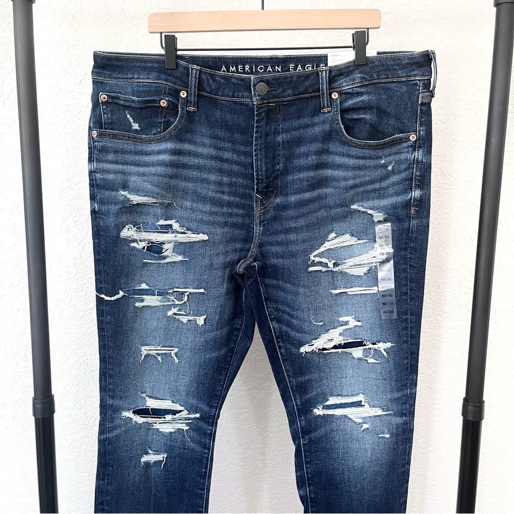 NEW American Eagle AirFlex+ Ultrasoft Skinny Ripped Dark Wash Jean Men’s 40x30 - Picture 3 of 9